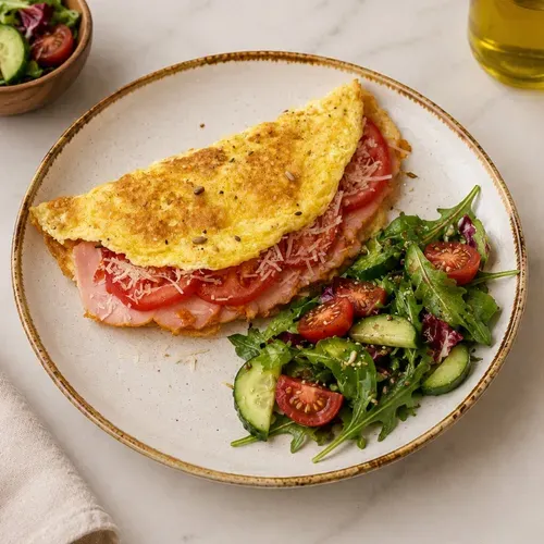Omletă cu șuncă, roșii și cașcaval 